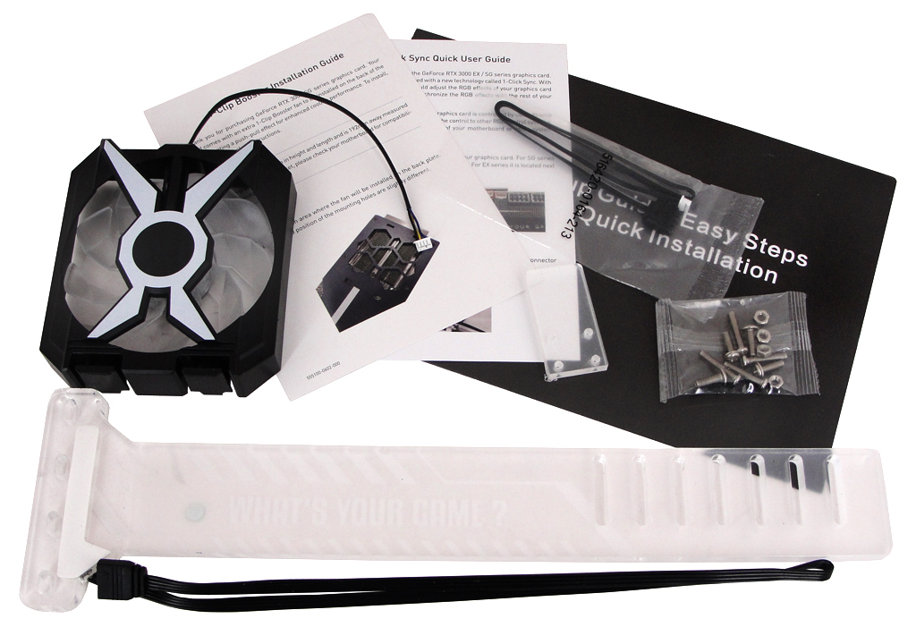 Der Lieferumfang der KFA2 GeForce RTX 3070 SG (1-Click OC) im Überblick.