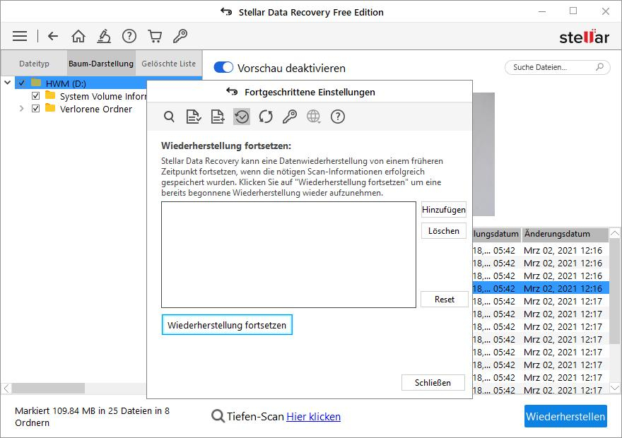 Fortsetzen von Wiederherstellungen